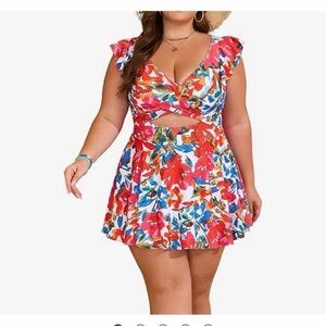 NEW Swimsuit 1 Pc Swimdress Bathing Suit Tummy Control VNeck Ruffle Cutout 2X